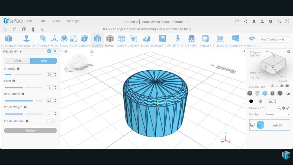 The Fillet tool in Solid mode applied to a 3D object in SelfCAD, showcasing clean, volume-based geometry.