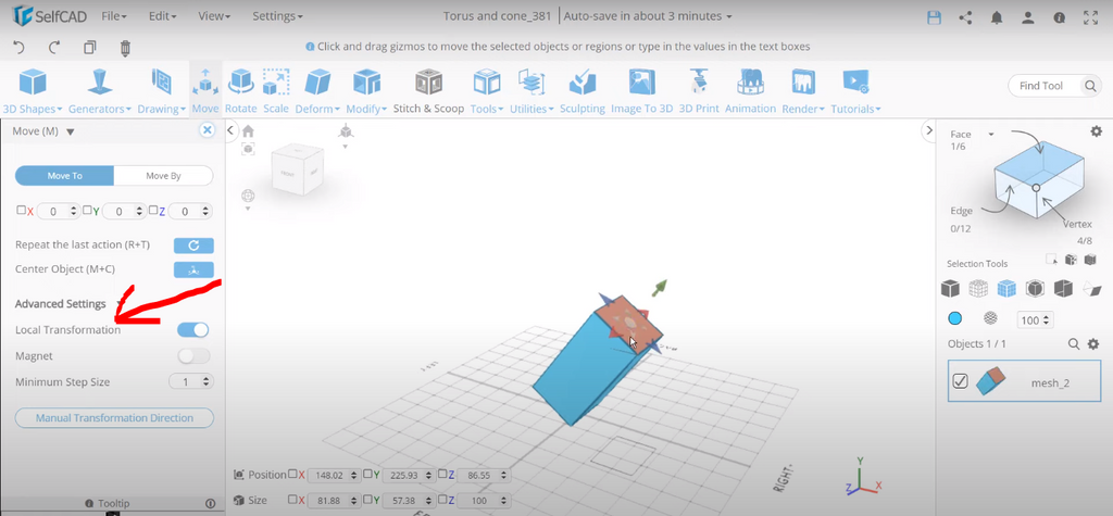 Transforming 3D models in SelfCAD
