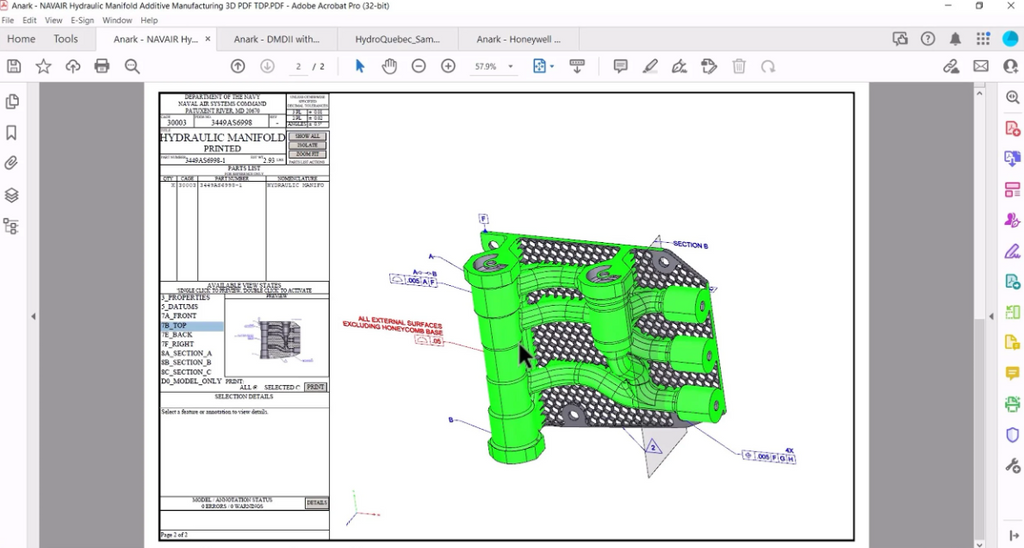 Anark Core platform publishing a structured 3D PDF with embedded CAD geometry and PMI for a hydraulic manifold