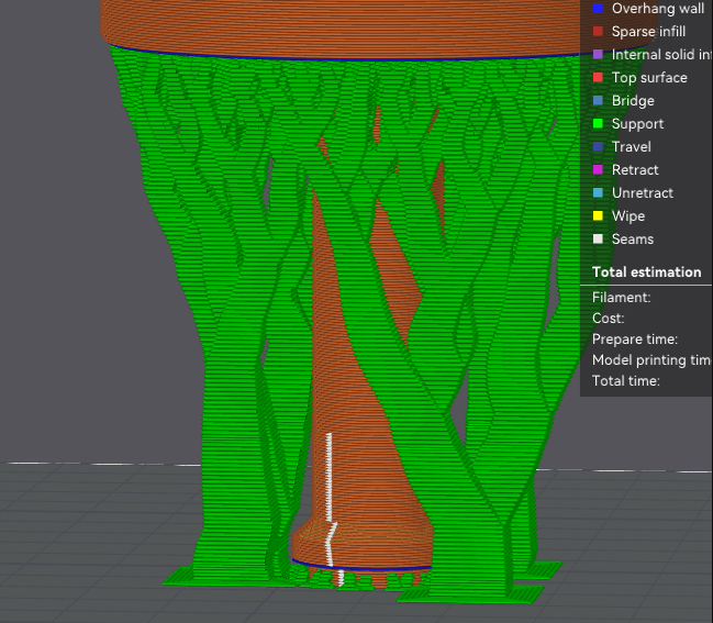 The OrcaSlicer interface generating robust green support structures holding up a curved 3D model.