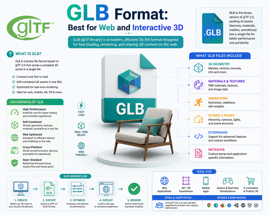 An infographic detailing the GLB file format, explaining its advantages and what it includes for web, mobile, and AR/VR interactive 3D experiences