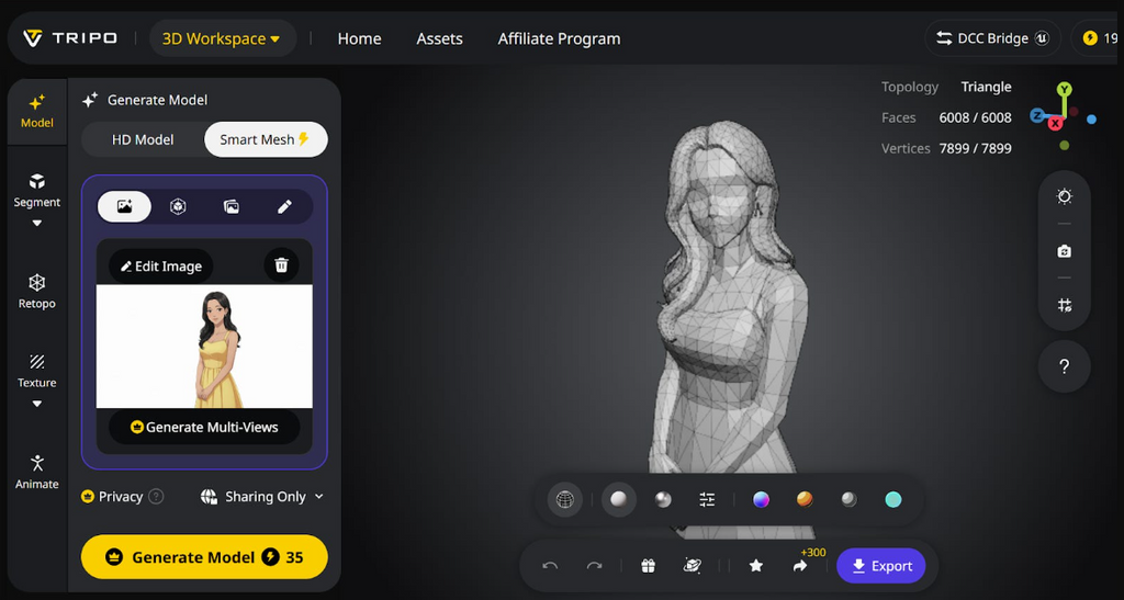 Tripo AI 3D workspace showcasing a structured wireframe smart mesh of a female character.
