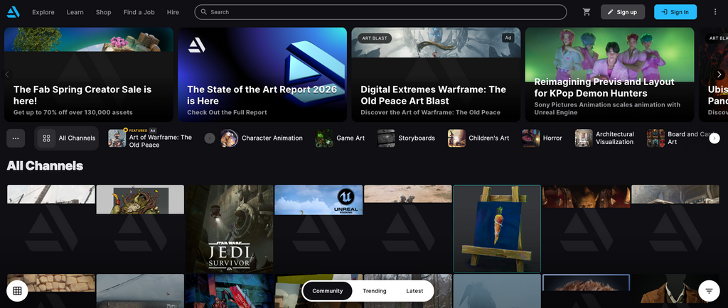 rtStation homepage showcasing professional concept art and stylized character sheets