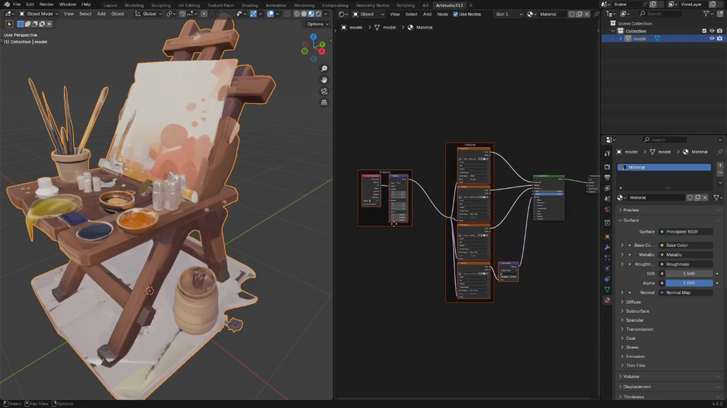 The Blender texture paint workspace displaying a stylized 3D blue fox character with a red cape.