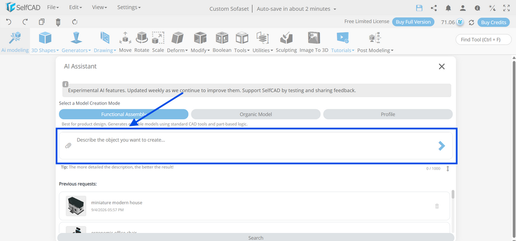 SelfCAD AI Assistant modal pointing to the text prompt input boxSelfCAD AI Assistant modal pointing to the text prompt input box