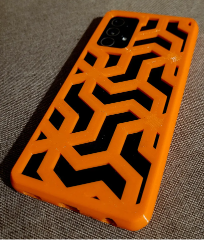Orange geometric 3D printed phone case for Samsung Galaxy A52 featuring shock-absorbent TPU material