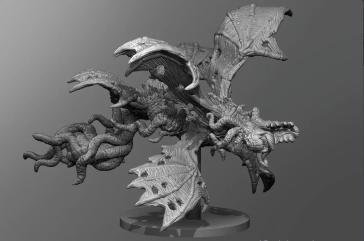 Grey 3D-printed Hunting Horror cosmic creature miniature with wings and tentacles.