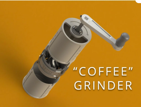 3D model rendering of an adjustable manual hand coffee grinder with crank handle