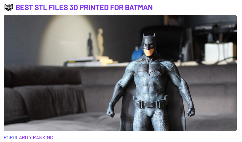 A 3D-printed miniature figure of Batman standing on a desk, featured on the Cults 3D platform