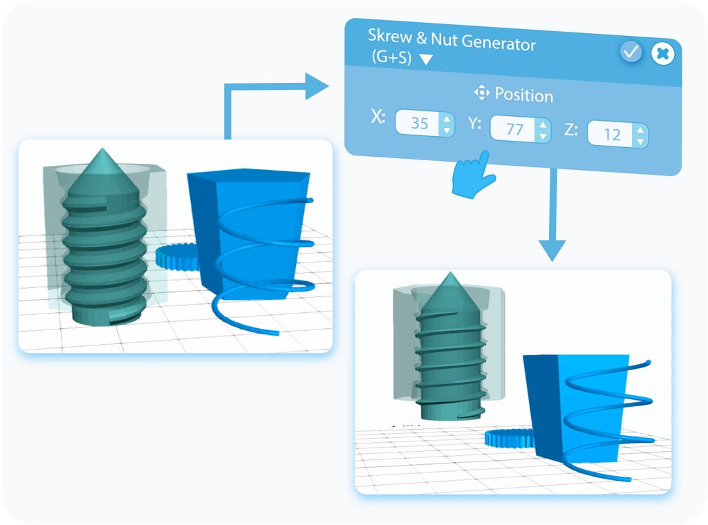 Customize Position of generated Screw & Nut in the workspace with XYZ coordinates