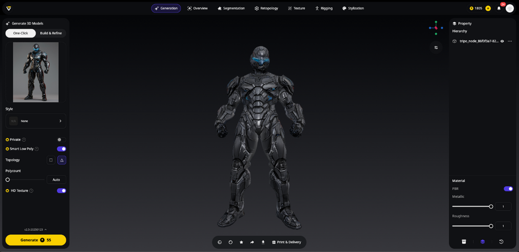 Tripo AI workspace displaying a structured 3D model of a sci-fi armored character ready for animation workflows.
