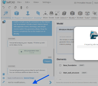 SelfCAD AI Assistant panel highlighting the Ask for Modifications chat field