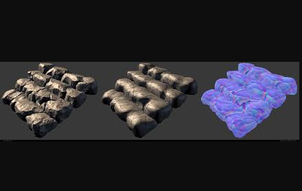Comparison of a 3D stone surface showing a flat model, a model with depth, and the purple normal map used to create the illusion of surface details