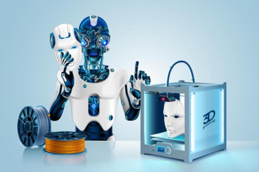 A humanoid robot holding a face mask standing next to a desktop 3D printer. 