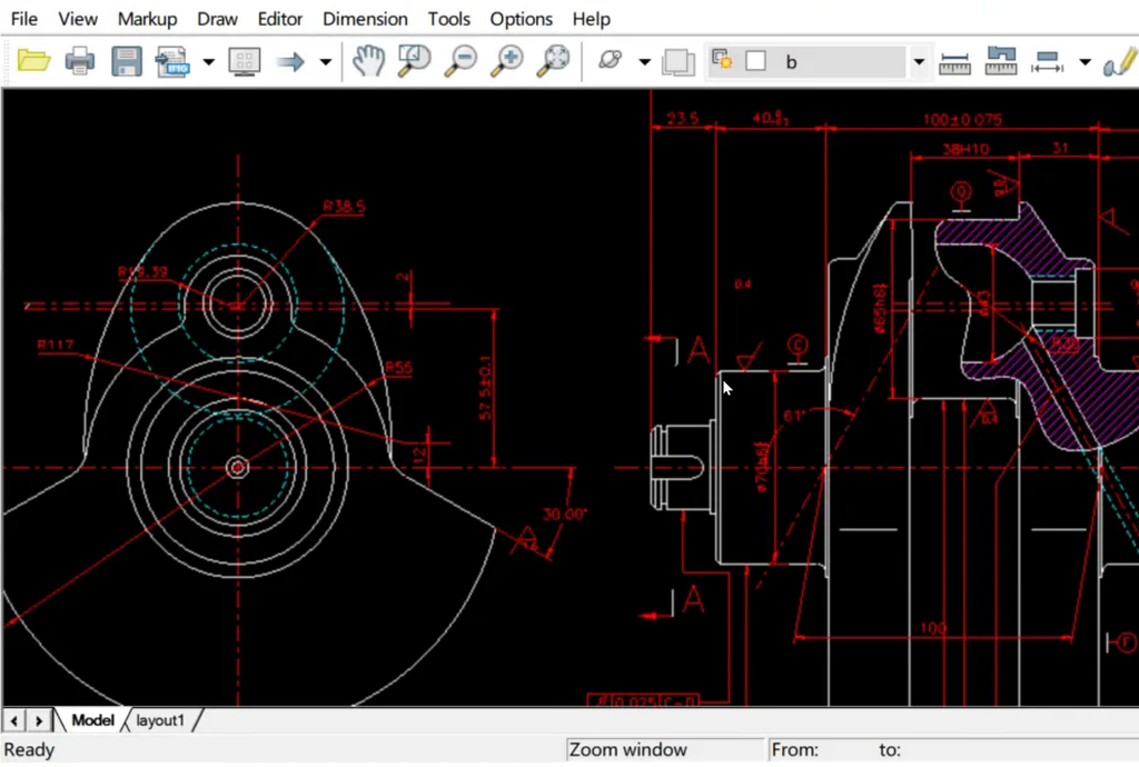 A close-up view of a mechanical engineering drawing in DWGSee featuring red and white line work for measuring and markup.
