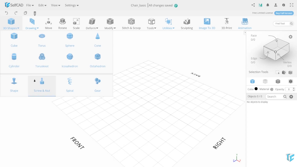  A new, empty 3D grid workspace in the SelfCAD browser interface.  