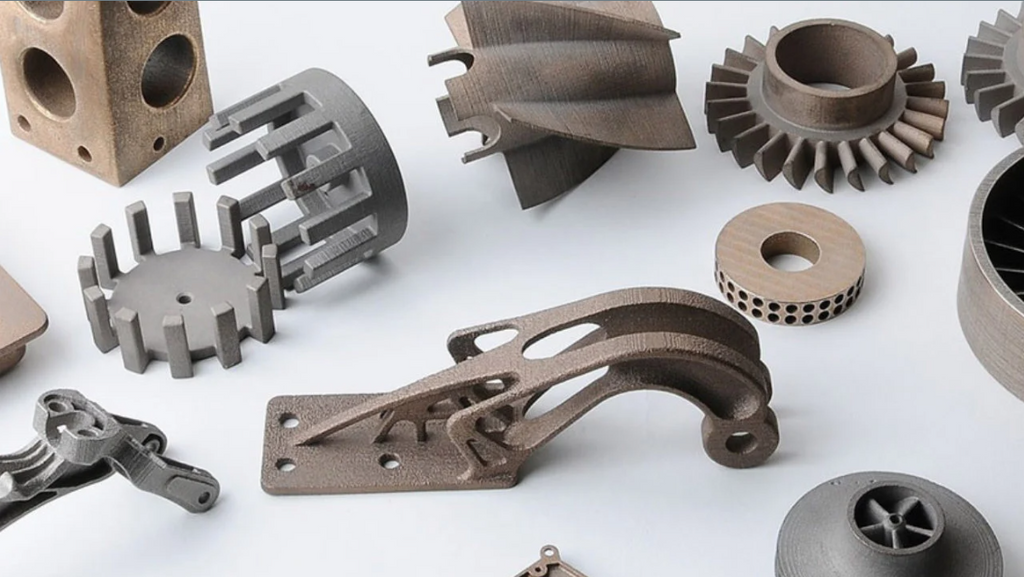 A collection of complex, dark grey sinter-based 3D printed metal parts, including gears, lattice structures, and structural brackets, displayed on a clean white surface.