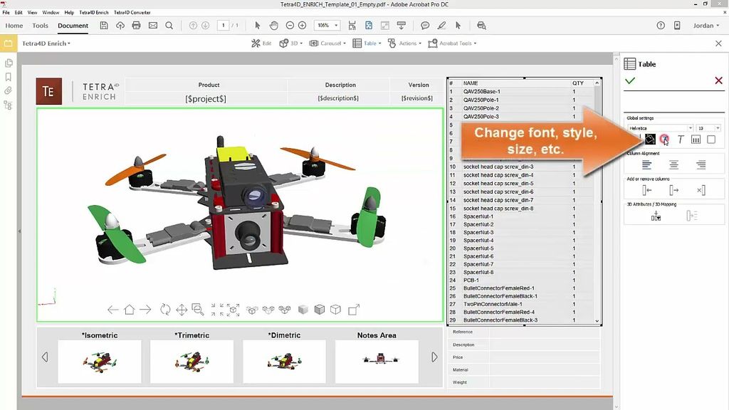 Tetra4D Converter plugin interface inside Adobe Acrobat Pro showing a 3D drone model ready for PDF conversion
