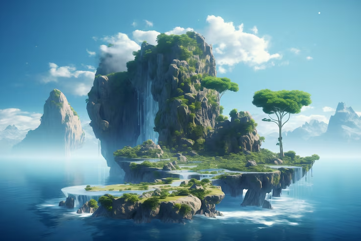 A 3D fantasy floating island featuring lush green trees, waterfalls, and rocky cliffs over water.