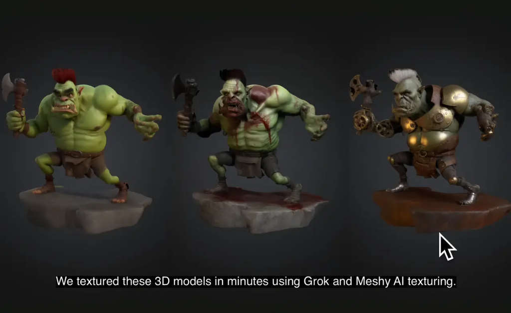 Three rendered 3D orc models demonstrating Meshy AI's rapid automatic texturing capabilities.
