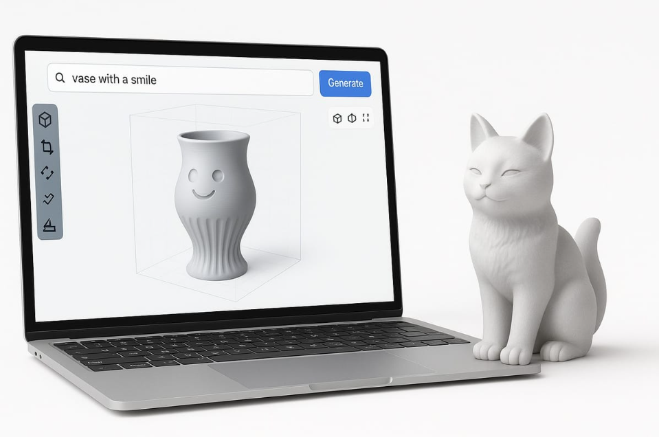 A laptop displaying a 3D model of a smiling vase next to a physical white 3D-printed cat figurine.