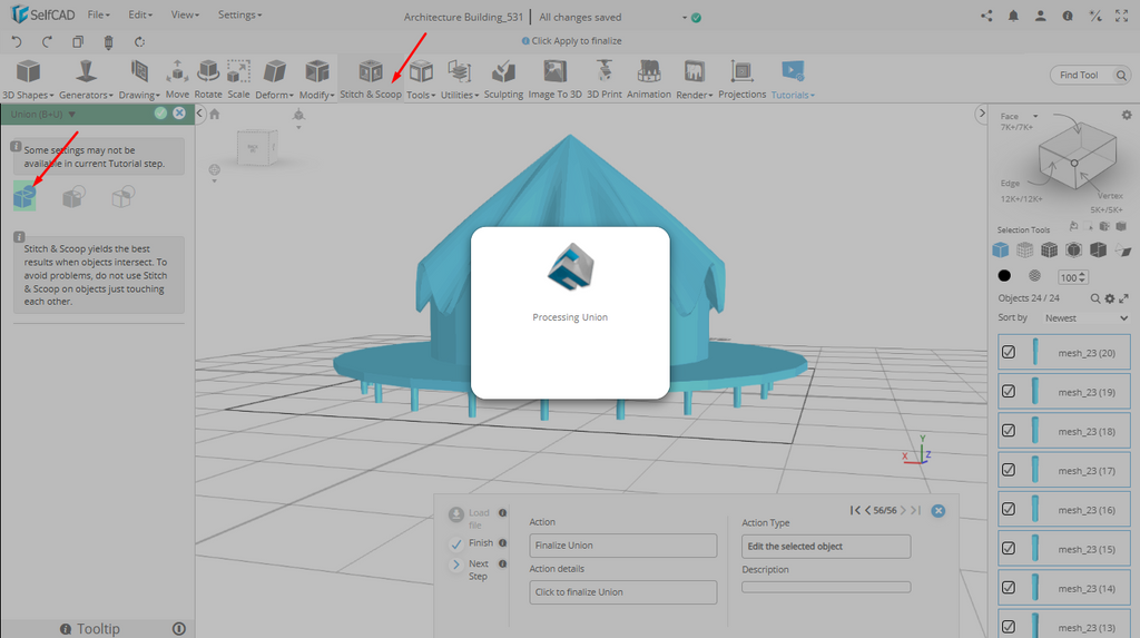Union tool in SelfCAD