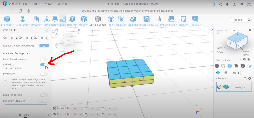 Individual transformation in SelfCAD