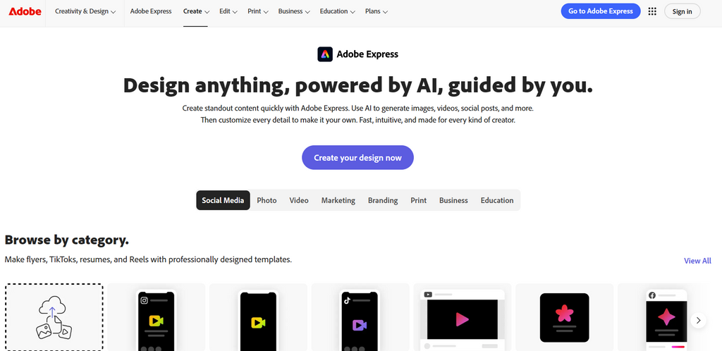 Adobe Express user interface featuring AI-guided design tools, categorized templates for logos, and professional social media branding options.