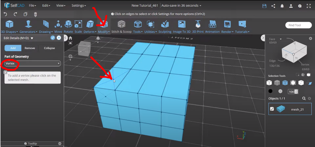 Modifying a design and adding a vertex in SelfCAD