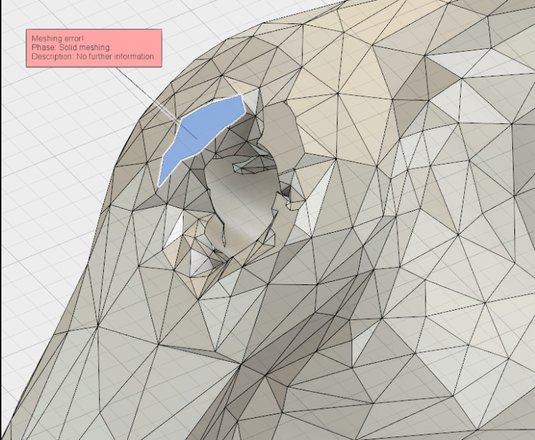 A 3D modeling workspace highlighting a solid meshing error on a faceted digital model.  