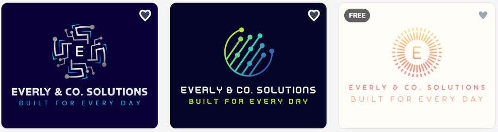 Three different AI-generated logo design variations for 'Everly & Co. Solutions' showcasing the professional capabilities of Design.com.