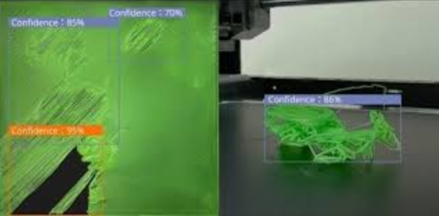 A Bambu Lab X1E dual-camera interface highlighting green spaghetti failures with AI confidence percentages.