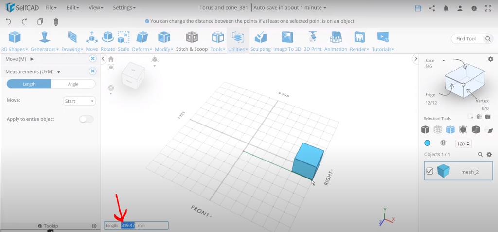 Measuring a 3D model in SelfCAD