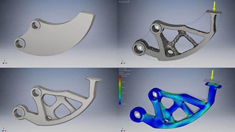 Four-panel generative design and stress analysis progression of a structural bracket in Autodesk Fusion