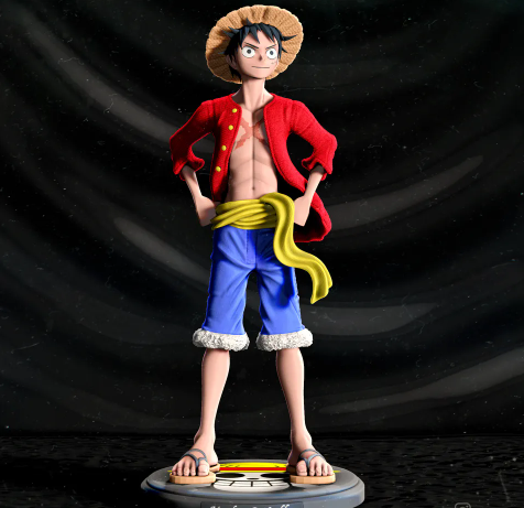 A fully painted 3D printed figurine of Monkey D. Luffy standing confidently with his hands on his hips wearing his classic red shirt and straw hat