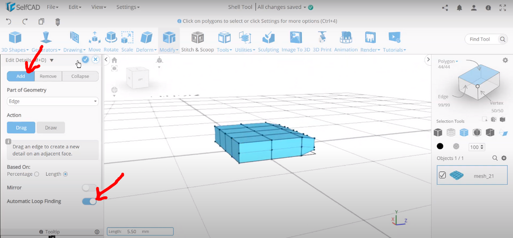 Automatic looping in a 3D modeling software
