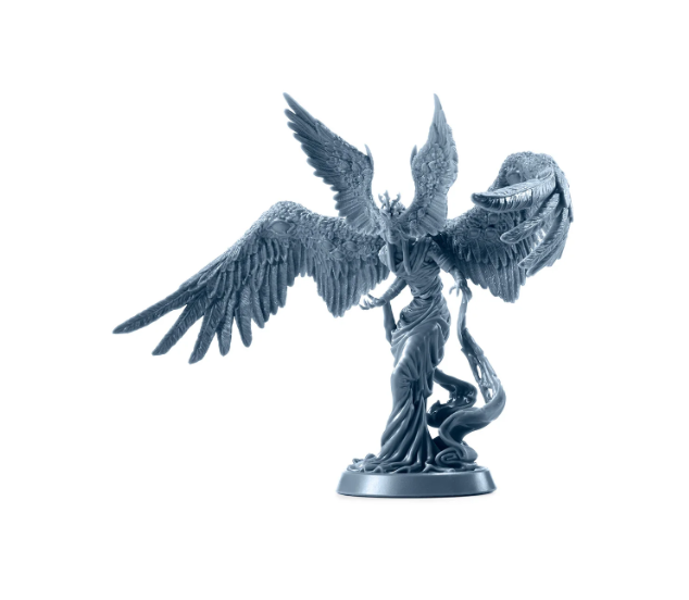 A highly detailed, grey 3D-printed winged angel miniature demonstrating Anycubic Water Washable Resin.  