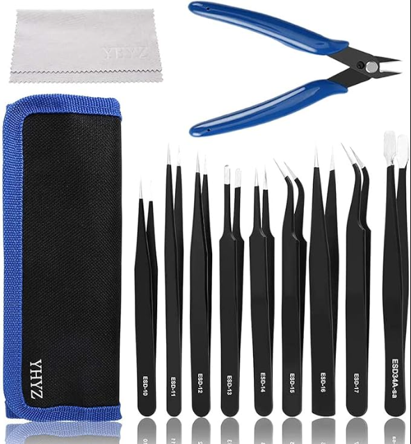 A blue flush cutter displayed alongside a set of black precision tweezers and a carrying case. 
