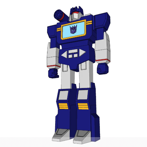 A 3D printed yellow and blue articulated G1 Bumblebee action figure posing with a small blue blaster on a white surface.