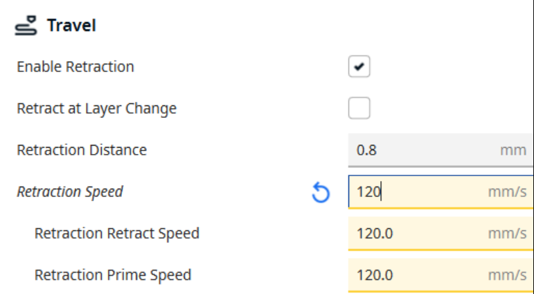 3D slicer's "Travel" settings menu, highlighting the Retraction Distance parameter at 0.8 mm and the Retraction Speed being adjusted to 120 mm/s.