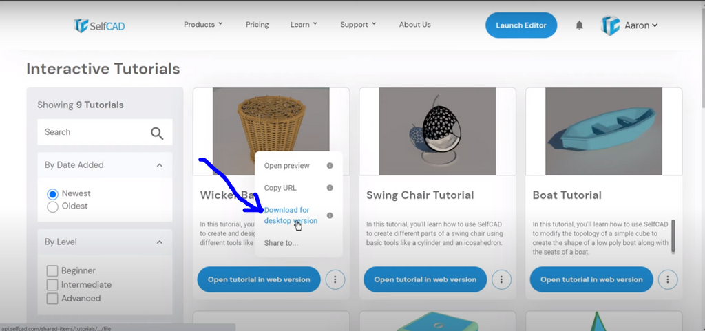 Downloading for desktop in SelfCAD interactive tutorials