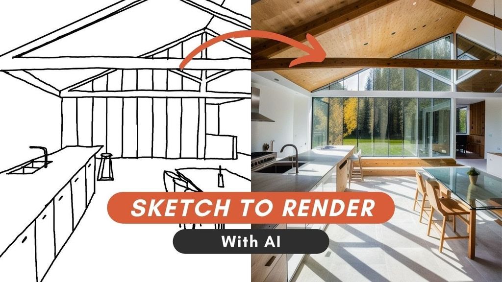 raphic showing a 2D line sketch transforming into a photorealistic wooden interior 3D render using AI