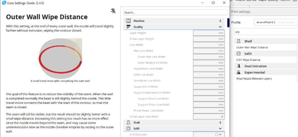 A screenshot of the Ultimaker Cura print settings menu with "Outer Wall Wipe Distance" entered into the search bar, locating the specific adjustment parameter under the "Shell" category.