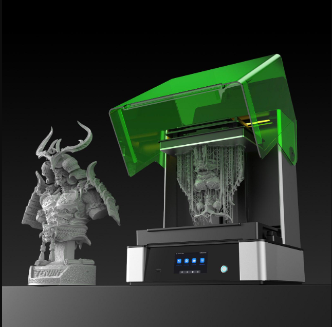 UniFormation GK3 Ultra 16K resin 3D printer with open hood beside a samurai bust