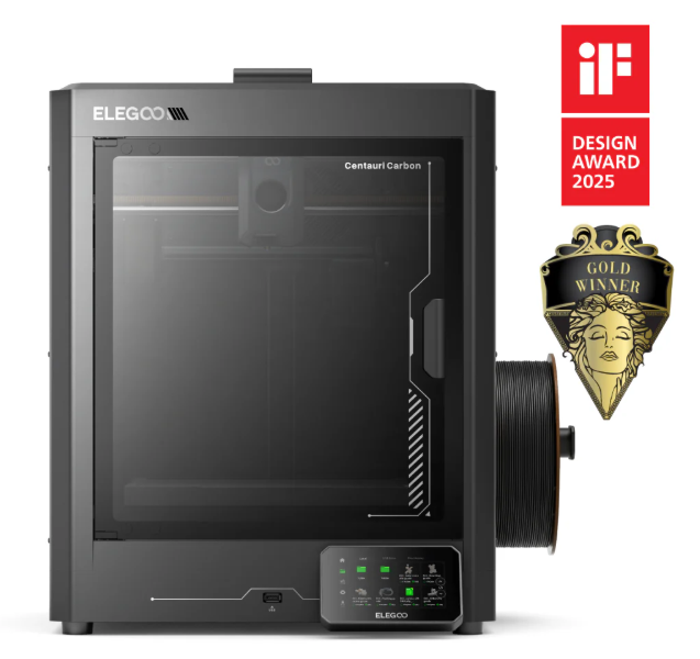 An enclosed Elegoo Centauri Carbon 3D printer featuring a modern design and carbon-fiber-ready hardware.