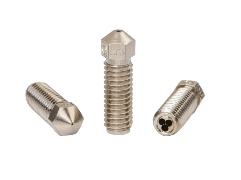 A set of hardened steel 3D printer nozzles designed to withstand wear and tear from abrasive filaments