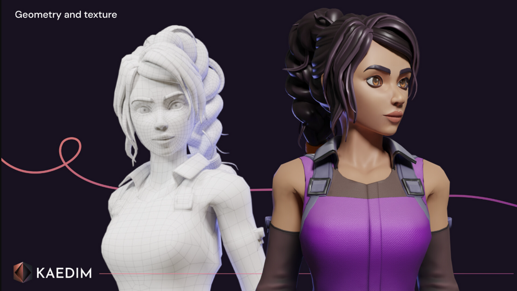 A side-by-side comparison showing a 3D wireframe mesh next to a fully textured female character model.