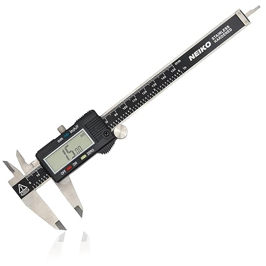 A Neiko stainless steel digital caliper displaying a precise measurement on its screen.