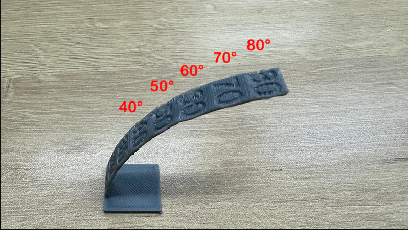 3D printing overhang test arc showing print quality at angles ranging from 40 to 80 degrees