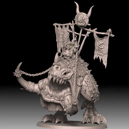 Detailed 3D-printed miniature of a Goblin King riding a Colossal Cave Beast.